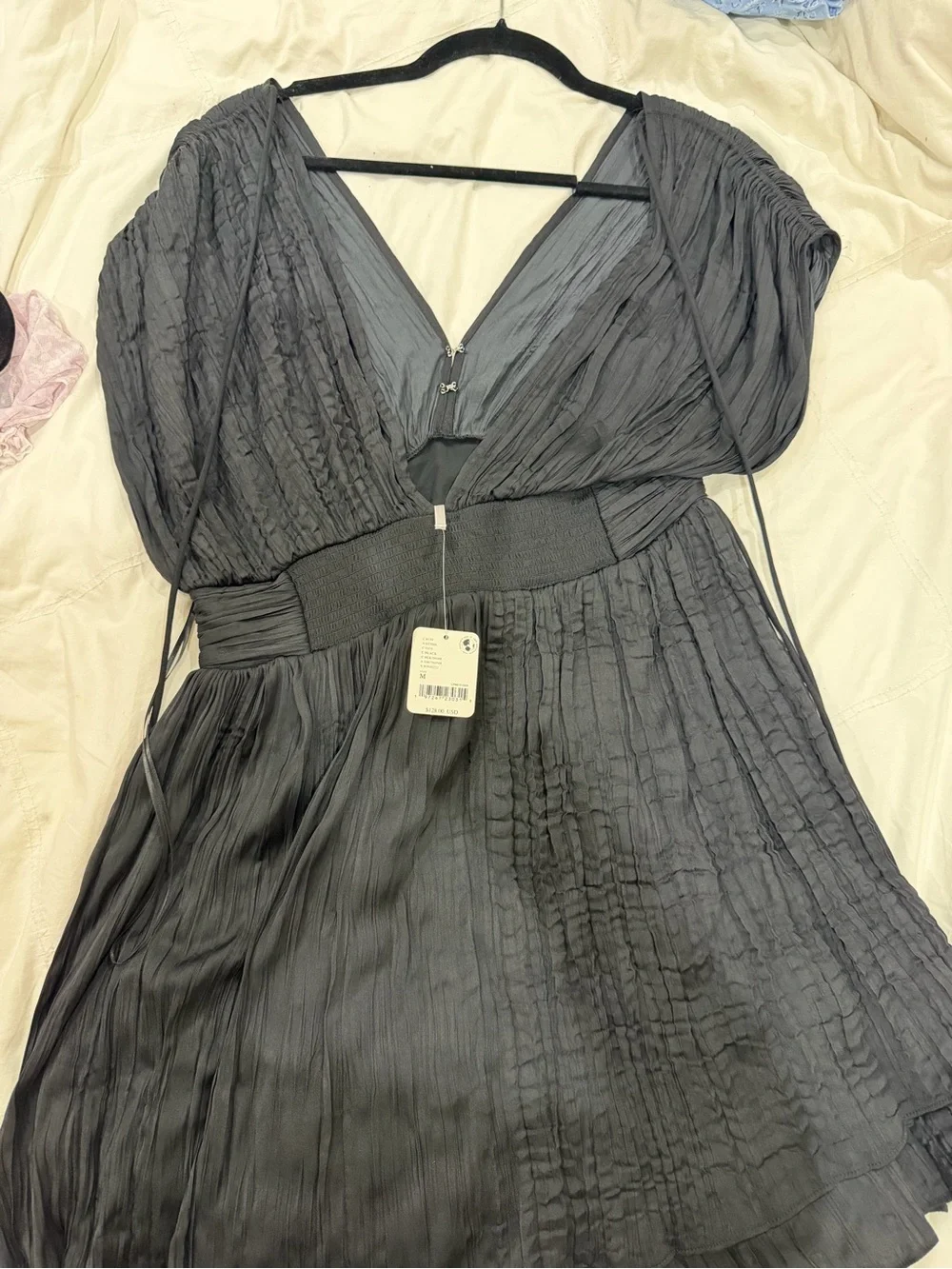 Free People Black Pleated V-Neck Mini Dress
